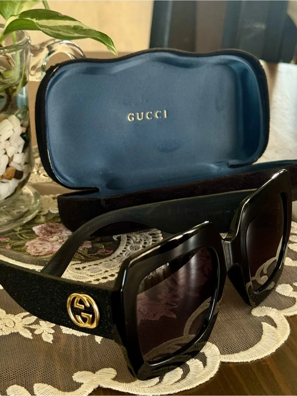 Gucci Black Square Sunglasses with Gold Interlocking G
